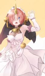 Rule 34 | 1girl, :o, blue eyes, bridal veil, cleavage, dress, elbow gloves, fate/apocrypha, fate/grand order, fate (series), frankenstein&#039;s monster (fate), gloves, hair ornament, hair over one eye, horns, looking at viewer, maron3130, pink hair, see-through, see-through cleavage, short hair, single horn, solo, veil, wedding dress, white dress, white gloves