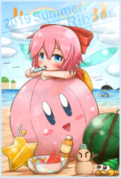 Rule 34 | 1girl, ball, beach, beachball, bikini, bikini skirt, bird, blue eyes, blue sky, blush, border, bottle, bow, bowl, character name, cherry, chilly (kirby), cloud, commentary request, coner, crab, dated, day, drink, drinking straw, fairy, fairy wings, food, fruit, hair between eyes, hair bow, hair ornament, highres, holding, holding food, horizon, ice, ice cube, island, kine (kirby), kirby, kirby (series), kirby 64, licking, light rays, looking at viewer, nintendo, ocean, open mouth, orange (fruit), orange slice, outdoors, pink hair, polka dot, polka dot border, popsicle, rainbow, red bikini, red bow, ribbon (kirby), sand, sand sculpture, short hair, sidelocks, sky, star (symbol), summer, swimsuit, takaramono, tongue, tongue out, water, watermelon, watermelon slice, whale, wings