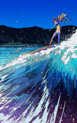 Rule 34 | 1girl, apapico, bikini, day, highres, long hair, mountain, ocean, open mouth, original, outdoors, outstretched arms, sky, solo, surfboard, surfing, swimsuit, water