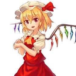 Rule 34 | 1girl, :d, ascot, bad id, bad pixiv id, blonde hair, fang, flandre scarlet, hair between eyes, hat, hat ribbon, highres, looking at viewer, mob cap, nob1109, one side up, open mouth, puffy short sleeves, puffy sleeves, red eyes, red ribbon, red skirt, ribbon, short hair, short sleeves, skirt, smile, solo, touhou, white hat, wings, yellow ascot