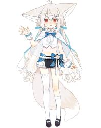 Rule 34 | 1girl, :o, ahoge, animal ear fluff, animal ears, asymmetrical legwear, bacheally, belt, black footwear, blue bow, blue ribbon, bow, bowtie, braid, capelet, child, collar, collared shirt, ears down, fox ears, fox girl, fox tail, frilled capelet, frilled skirt, frills, full body, hair between eyes, hair bow, hair ornament, hair scrunchie, hairclip, hairpin, hand up, high collar, kneehighs, large ears, large tail, layered capelet, layered skirt, long hair, looking at viewer, low twintails, mary janes, midriff, miniskirt, mismatched legwear, navel, open hand, original, parted lips, red eyes, ribbon, sakurada shiro (hy plus), scrunchie, see-through, see-through capelet, shirt, shoes, side braid, simple background, single sock, single thighhigh, skirt, socks, solo, spread fingers, standing, straight-on, tail, thighhighs, twintails, very long hair, waving, white background, white hair, white shirt, white socks, white thighhighs, wrist scrunchie
