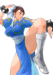 Rule 34 | 1girl, boots, bracelet, brown eyes, brown hair, capcom, chinese clothes, chun-li, earrings, fighting stance, jewelry, leg up, spiked bracelet, spikes, street fighter, thick thighs, thighs