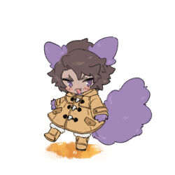 Rule 34 | 1boy, animal ears, blush, boots, coat, e.g.o (project moon), fang, full body, fur-trimmed boots, fur trim, heathcliff (project moon), limbus company, long sleeves, male focus, open mouth, project moon, purple eyes, simple background, smile, solo, tail, uchimura (rino0525), white background, wolf boy, wolf ears, wolf tail, yellow coat, yellow footwear