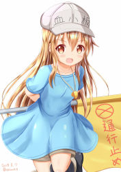 Rule 34 | 10s, 1girl, :d, black footwear, blue shirt, blush, boots, brown eyes, brown shorts, character name, clothes writing, commentary request, dated, flag, flat cap, grey hat, hair between eyes, hat, hataraku saibou, highres, holding, holding flag, leaning forward, light brown hair, long hair, looking at viewer, open mouth, platelet (hataraku saibou), shirt, short shorts, short sleeves, shorts, simple background, smile, solo, standing, standing on one leg, twitter username, v-shaped eyebrows, very long hair, whistle, white background, xenon (for achieve)