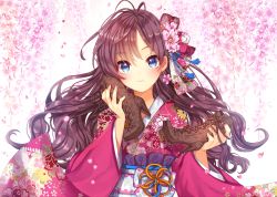 Rule 34 | 10s, 1girl, blue eyes, boots, brown hair, flower, gambe, hair flower, hair ornament, highres, holding, holding shoes, ichinose shiki, idolmaster, idolmaster cinderella girls, japanese clothes, kimono, long hair, looking at viewer, shoes, unworn shoes, smile, solo