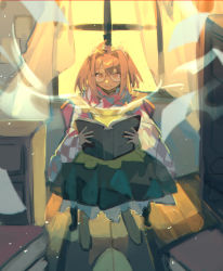 Rule 34 | 1girl, absurdres, apron, bad id, bad twitter id, book, chair, checkered clothes, checkered kimono, closed mouth, commentary, curtains, drawer, full body, glasses, green skirt, hair bobbles, hair ornament, highres, holding, holding book, japanese clothes, kimono, long sleeves, looking at viewer, motoori kosuzu, on chair, one-hour drawing challenge, open book, orange eyes, orange hair, shi chimi, shoes, sitting, skirt, smile, solo, touhou, twintails, wide sleeves, window, yellow apron