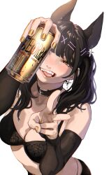 Rule 34 | 1girl, animal ears, arm warmers, bare shoulders, beer can, black bra, black hair, blush, bra, breasts, brown eyes, can, cleavage, collar, collarbone, cross, cross earrings, drink can, ear piercing, earrings, extra ears, from above, hair ornament, highres, jewelry, long hair, looking at viewer, medium breasts, open mouth, original, piercing, sadkoe, simple background, solo, teeth, tongue, tongue out, twintails, underwear, upper teeth only, v, white background, yellow nails