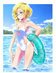 Rule 34 | 1girl, blonde hair, breasts, casual, casual one-piece swimsuit, cleavage, contrapposto, day, earrings, glasses, glynda goodwitch, green eyes, hair bun, hand on own hip, hand on own thigh, iesupa, innertube, jewelry, looking away, mature female, medium breasts, o-ring, o-ring swimsuit, one-piece swimsuit, outdoors, rwby, single hair bun, solo, standing, swim ring, swimsuit, wading, white one-piece swimsuit