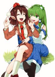 Rule 34 | 2girls, :d, absurdres, bad id, bad pixiv id, blazer, blouse, brown footwear, brown hair, collared shirt, commentary request, frog hair ornament, green eyes, green hair, hair ornament, hat, highres, jacket, kochiya sanae, laughing, long hair, looking at another, multiple girls, necktie, open mouth, pointy ears, red headwear, red neckwear, shameimaru aya, shameimaru aya (newsboy), shirokaba114, shirt, shoes, short hair, simple background, sitting, sleeveless, sleeveless shirt, smile, snake hair ornament, socks, teeth, tickling, tickling armpits, tickling stomach, tokin hat, touhou, upper teeth only, white background, white shirt