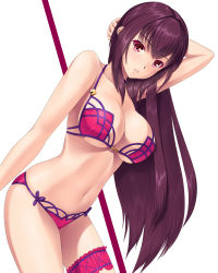 Rule 34 | 1girl, arm up, bikini, blush, breasts, cleavage, collarbone, contrapposto, cowboy shot, fate/grand order, fate (series), hammerman benkei, large breasts, long hair, looking at viewer, navel, parted lips, purple bikini, purple eyes, purple hair, scathach (fate), scathach (fate/grand order), scathach (swimsuit assassin) (fate), sidelocks, simple background, smile, solo, standing, swimsuit, thighs, underboob, very long hair, white background
