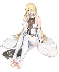 Rule 34 | 1girl, absurdres, angelus (neural cloud), bare shoulders, barefoot, blonde hair, braid, breasts, collarbone, commission, dress, elbow gloves, feet, full body, girls&#039; frontline, girls&#039; frontline neural cloud, gloves, hair ornament, hair over one eye, hand on own knee, highres, knees up, long hair, looking at viewer, medium breasts, sanctifiers (neural cloud), second-party source, seilindekos, simple background, sitting, sleeveless, sleeveless dress, smile, solo, thighhighs, transparent background, very long hair, yellow eyes