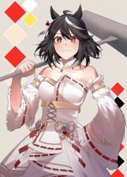 Rule 34 | 1girl, ahoge, animal ears, bare shoulders, black hair, braid, breasts, closed mouth, crown braid, detached sleeves, fur choker, hand on own hip, high-waist skirt, holding, holding mallet, horse ears, kine, kitasan black (jubilant star auspicious crane) (umamusume), kitasan black (umamusume), looking at viewer, mallet, multicolored hair, orange eyes, ribbon-trimmed sleeves, ribbon trim, shirt, short hair, skirt, small breasts, smile, solo, strapless, strapless shirt, streaked hair, ukka (0ukka ), umamusume, upper body, white shirt, white skirt
