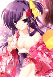 Rule 34 | 1girl, :q, absurdres, breast hold, breasts, flower, hair ribbon, highres, japanese clothes, kimono, large breasts, mikeou, nipples, off shoulder, open mouth, purple eyes, purple hair, ribbon, side ponytail, smile, solo, tongue, tongue out, wakamezake