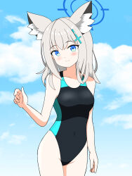 Rule 34 | 1girl, animal ear fluff, animal ears, black one-piece swimsuit, blue archive, blue eyes, blue sky, breasts, cloud, competition swimsuit, covered navel, cross hair ornament, extra ears, grey hair, hair ornament, halo, highleg, highleg swimsuit, highres, medium breasts, medium hair, mismatched pupils, multicolored clothes, multicolored swimsuit, official alternate costume, one-piece swimsuit, shiroko (blue archive), shiroko (swimsuit) (blue archive), sky, smile, solo, standing, swimsuit, wolf ears, yuunosuke miyata