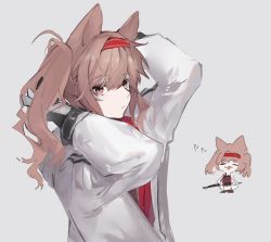 Rule 34 | 1girl, angelina (arknights), animal ears, arknights, arm up, black shirt, brown hair, cheonyeon-hi, chibi, chibi inset, closed mouth, gloves, grey background, hair between eyes, hairband, hand up, highres, jacket, long hair, long sleeves, looking at viewer, multiple views, open clothes, open jacket, red hairband, shirt, simple background, twintails, white jacket