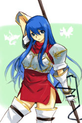Rule 34 | 1girl, armor, armored dress, blue eyes, blue hair, boots, caeda (fire emblem), fire emblem, fire emblem: mystery of the emblem, fire emblem: shadow dragon, gloves, long hair, looking at viewer, matching hair/eyes, michael f91, nintendo, pegasus knight uniform (fire emblem), polearm, side slit, solo, spear, thigh boots, thighhighs, very long hair, weapon, zettai ryouiki