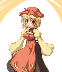 Rule 34 | 1girl, aki minoriko, blonde hair, blush, female focus, food, fruit, grapes, hat, inasaki shirau, looking at viewer, open mouth, red eyes, short hair, simple background, skirt, sleeves past wrists, solo, touhou, white background, wide sleeves