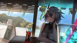 Rule 34 | 1girl, absurdres, arknights, bare arms, bare shoulders, beach, blue sky, blurry, blurry foreground, breasts, building, closed mouth, cola, day, depth of field, drinking straw, closed eyes, feather hair, fork, glass bottle, grey hair, greythroat (arknights), hand on own cheek, hand on own face, highres, lodbyy, medium breasts, mountain, ocean, plant, potted plant, short hair, sky, sleeveless, smile, solo, table, upper body