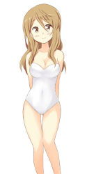 Rule 34 | 1girl, arms behind back, bare shoulders, blush, brown eyes, brown hair, casual one-piece swimsuit, dekosuke, extra, k-on!, long hair, one-piece swimsuit, solo, swimsuit, tachibana himeko, thigh gap