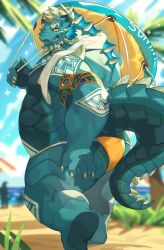 Rule 34 | 1boy, absurdres, aqua skin, arm tattoo, armlet, bara, beard, belly, blue hair, blue sky, blue tongue, blurry, blurry background, chest tattoo, cipactli (housamo), colored sclera, colored tongue, commentary, crocodile boy, crocodilian tail, english text, facial hair, fat, fat man, film grain, fingernails, foot out of frame, from behind, furry, furry male, grass, highres, holding, holding rope, horns, infinity symbol, innertube, leg tattoo, looking back, male focus, male swimwear, muscular, muscular male, neck tattoo, open mouth, orange male swimwear, outdoors, palm tree, rope, sharp fingernails, sharp teeth, shoulder tattoo, sky, smile, solo, sparkle, swim ring, symbol-only commentary, tail, tattoo, teeth, thick eyebrows, tokyo houkago summoners, towel, towel around neck, tree, walking, yed (yedsilent), yellow eyes, yellow sclera