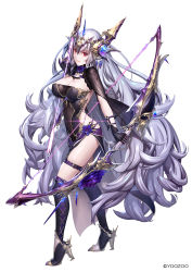 Rule 34 | arrow (projectile), black gloves, boots, bow (weapon), breasts, cleavage, covered navel, gloves, headgear, high heels, highres, large breasts, long hair, looking at viewer, mana (remana), official art, profile, purple hair, red: pride of eden, red eyes, side slit, solo, thigh boots, thigh strap, thighhighs, very long hair, weapon, white background