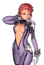 Rule 34 | 1girl, ao no roku-gou, bad id, bad tumblr id, bodysuit, breasts, breasts apart, breasts out, cable, closed mouth, clothes writing, cowboy shot, diving suit, eyelashes, frown, gloves, highres, kino mayumi, legs together, looking away, medium breasts, messy hair, navel, nipple slip, nipples, no bra, open bodysuit, open clothes, optionaltypo, revision, solo, standing, thighs, transparent background, unzipped, white gloves, zipper