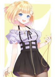 Rule 34 | 1girl, absurdres, bare arms, bare shoulders, black skirt, blonde hair, blue eyes, border, brown legwear, collarbone, commentary, earrings, frilled skirt, frills, hand up, heart, heart earrings, highres, hololive, hololive english, isei sei, jewelry, key, light blush, looking at viewer, monocle, multicolored eyes, nail polish, necklace, o-ring, off shoulder, open mouth, pink eyes, short hair, simple background, skirt, solo, stopwatch, teeth, thigh gap, two-tone background, upper teeth only, virtual youtuber, watch, watson amelia, watson amelia (street casual), white border, yellow nails, zipper, zipper pull tab