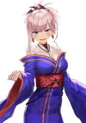 Rule 34 | 1girl, absurdres, blue eyes, blue kimono, blush, breasts, cowboy shot, earrings, fate/grand order, fate (series), highres, hoshibudou, japanese clothes, jewelry, kimono, leaf print, long sleeves, looking at viewer, medium breasts, miyamoto musashi (fate), necklace, obi, open mouth, pendant, pink hair, ponytail, sash, shirt, short hair, simple background, single sidelock, solo, swept bangs, teeth, underbust, v-shaped eyebrows, white background, white shirt, wide sleeves