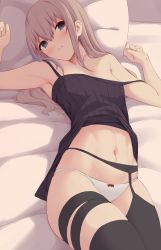 Rule 34 | 1girl, absurdres, act (xadachit), armpits, arms up, bare arms, bare shoulders, bed, bed sheet, black thighhighs, blue eyes, bow, bow panties, breasts, camisole, clenched hands, collarbone, commentary, commentary request, garter belt, garter straps, girls&#039; frontline, hair over shoulder, head tilt, highres, legs together, long hair, looking at viewer, lying, midriff, multicolored hair, navel, off shoulder, on back, on bed, panties, partial commentary, pillow, pink hair, purple hair, sidelocks, small breasts, solo, st ar-15 (girls&#039; frontline), streaked hair, thigh strap, thighhighs, underwear, white panties