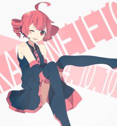 Rule 34 | 1girl, ;d, ahoge, detached sleeves, drill hair, headset, kasane teto, looking at viewer, maco22, one eye closed, open mouth, red eyes, red hair, sitting, smile, solo, twin drills, twintails, utau