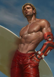 Rule 34 | 1boy, abs, bara, beard, c home, cassidy (overwatch), chest hair, cigarette, commentary, dark-skinned male, dark skin, english commentary, facial hair, feet out of frame, highres, holding, holding surfboard, large pectorals, lifeguard cassidy, looking at viewer, male focus, male swimwear, mature male, muscular, muscular male, navel, navel hair, nipples, official alternate costume, overwatch, overwatch 1, pectorals, prosthesis, prosthetic arm, realistic, red male swimwear, short hair, sideburns, solo, stomach, surfboard, swim trunks, thighs, topless male, wet, wet hair, wrinkled fabric