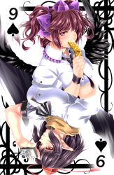 Rule 34 | 2girls, bird wings, black hair, black wings, blush, bow, bowtie, breast hold, breasts, buttons, camera, card, card (medium), cellphone, collared shirt, colored eyelashes, covered mouth, fingernails, frills, hand up, hat, highres, himekaidou hatate, holding, large breasts, light smile, long fingernails, long pointy ears, looking at viewer, multiple girls, neck ribbon, necktie, phone, pink eyes, playing card, pointy ears, puffy sleeves, purple hair, red eyes, ribbon, rotational symmetry, scarf, shameimaru aya, shirt, short hair, short sleeves, short twintails, smile, tassel, tokin hat, touhou, twintails, upper body, upside-down, white shirt, wings, wristband, yoiti