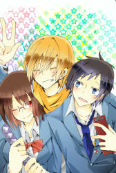 Rule 34 | 1girl, 2boys, bad id, bad pixiv id, black hair, blonde hair, blue eyes, bob cut, brown hair, cellphone, durarara!!, closed eyes, glasses, kida masaomi, multiple boys, one eye closed, phone, red eyes, ryuugamine mikado, school uniform, shiina (china0622), short hair, sonohara anri, star (symbol), sword, weapon, wink