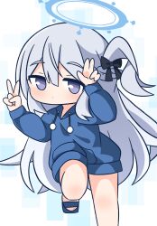 Rule 34 | 1girl, blue archive, blue footwear, blue hoodie, blush, braid, chibi, chibi only, closed mouth, commentary request, double v, feet out of frame, grey background, grey hair, hair between eyes, halo, hana kazari, hands up, highres, hood, hood down, hoodie, long hair, long sleeves, looking at viewer, miyako (blue archive), miyako (young) (blue archive), one side up, puffy long sleeves, puffy sleeves, purple eyes, sandals, solo, thick eyebrows, v, very long hair