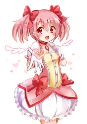 Rule 34 | 10s, 1girl, blush, bow, bubble skirt, gloves, hair bow, heart, kaname madoka, looking at viewer, magical girl, mahou shoujo madoka magica, mahou shoujo madoka magica (anime), open mouth, pink eyes, pink hair, simple background, skirt, smile, snowmi, solo, white background, white gloves