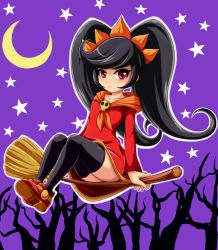 Rule 34 | 1girl, :&lt;, ankle boots, ashley (warioware), black hair, black thighhighs, blush, boots, broom, broom riding, crescent moon, dress, flat chest, hairband, long hair, moon, nintendo, red eyes, sigurd hosenfeld, solo, star (symbol), thighhighs, twintails, warioware