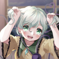 Rule 34 | 1girl, :d, ari don, arms up, blush, eyebrows hidden by hair, frilled shirt collar, frilled sleeves, frills, green eyes, green hair, hair between eyes, happy, heart, heart of string, holding, holding hair, komeiji koishi, long sleeves, looking at viewer, no headwear, no headwear, open mouth, shirt, short hair, short sleeves, smile, solo, teeth, third eye, tongue, touhou, two side up, upper body, wide sleeves, yellow shirt