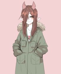 Rule 34 | 1girl, blush, brown eyes, brown hair, coat, commentary, english commentary, freckles, fur-trimmed hood, fur trim, green coat, hair over one eye, hands in pockets, hood, hood down, hooded coat, horns, long hair, long sleeves, one eye covered, original, pink background, pointy ears, popopoka, shirt, simple background, smile, solo, white shirt