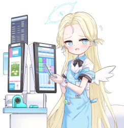 Rule 34 | apron, blonde hair, blue apron, blue archive, blue eyes, convenience store, forehead, hair ribbon, halo, highres, jokebag, long hair, mini wings, parted bangs, ribbon, scrunchie, shirt, shop, sora (blue archive), store clerk, two side up, white shirt, white wings, wings, wrist scrunchie