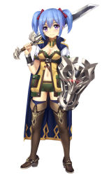 Rule 34 | 1girl, belt, blue hair, blush, boots, bow, breasts, brown footwear, cape, closed mouth, commentary, english commentary, glowing, hair bow, hair ornament, hairclip, hand up, head tilt, highres, holding, holding sword, holding weapon, knight, looking at viewer, navel, original, over shoulder, purple eyes, red bow, shield, short hair, short shorts, short sleeves, shorts, small breasts, smile, solo, sword, thigh boots, thighhighs, tonee, twintails, warrior, weapon, weapon over shoulder