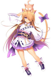 Rule 34 | 1girl, animal, animal ears, animal on head, antenna hair, argyle, arm up, bell, bow, brown hair, cat, cat ears, cat tail, closed mouth, collar, commentary request, detached collar, expressionless, floating hair, full body, hair over one eye, hand on own head, highres, japanese clothes, kemonomimi mode, kimono, kimono skirt, long hair, long sleeves, looking at viewer, mahcdai, neck bell, o o, obi, on head, original, pink ribbon, pleated skirt, purple bow, purple eyes, purple footwear, purple skirt, ribbon, rum ialis, sash, sidelocks, simple background, skirt, tail, tail bow, tail ornament, very long hair, white background, white kimono, wide sleeves