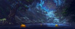Rule 34 | afloat, commentary request, dark, fantasy, food, fruit, highres, lake, mocha (cotton), nature, night, night sky, no humans, original, outdoors, persimmon, scenery, sky, star (sky), starry sky, stone, tree, water, waterfall