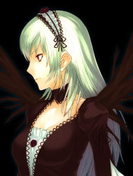 Rule 34 | 00s, 1girl, breasts, female focus, red eyes, rozen maiden, sentou, simple background, solo, suigintou, white hair, wings