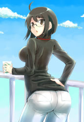 Rule 34 | 10s, 1girl, :&lt;, :o, ahoge, arched back, ass, bad id, bad pixiv id, black hair, blue sky, bob cut, breasts, brown eyes, cloud, cowboy shot, crush50, cup, day, drink, from behind, glasses, hand on own hip, holding, hourou, large breasts, long sleeves, looking at viewer, looking back, open mouth, outdoors, pants, pantylines, railing, servant x service, short hair, sky, standing, surprised, sweater, tight clothes, tight pants, turtleneck, yamagami lucy