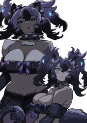 Rule 34 | 1girl, animal ears, backlighting, bare shoulders, big hair, black hair, bone necklace, bow, breasts, cerberus (kemono friends), cleavage, collar, collarbone, cowboy shot, dog ears, elbow gloves, extra ears, from side, gloves, glowing, glowing hair, green eyes, groin, hair between eyes, half-closed eyes, hatch (hatch box), kemono friends, large breasts, lizard tail, looking at viewer, looking back, looking to the side, lowleg, lowleg shorts, midriff, multicolored hair, navel, open clothes, open fly, open shorts, pantyhose, pantyhose under shorts, parted bangs, parted lips, purple hair, scar, scar across eye, scar on face, short shorts, shorts, simple background, skindentation, spiked collar, spikes, stomach, strapless, tail, tube top, two-tone hair, two side up, unbuttoned, upper body, white background