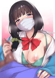 Rule 34 | 1boy, 1girl, black hair, blue eyes, blush, bow, bowtie, bra, bra strap, breasts, censored, gridman universe, handjob, hassu, large breasts, long hair, looking at viewer, low-tied long hair, mask, mosaic censoring, mouth mask, nipples, nukkoru, open clothes, open shirt, penis, pov, red neckwear, school uniform, scrunchie, shirt, solo focus, ssss.gridman, surgical mask, towel, underwear, white shirt