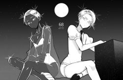 Rule 34 | 2others, androgynous, black eyes, black skin, bra, cairngorm (houseki no kuni), collared shirt, colored skin, cube, dated, dual persona, eyelashes, gem uniform (houseki no kuni), greyscale, hand on own arm, houseki no kuni, legs, looking at another, monochrome, moon, moon uniform (houseki no kuni), morino bambi, multiple others, necktie, night, night sky, numbered, other focus, parted hair, puffy sleeves, see-through, shirt, short hair, sitting, sky, star (sky), thick eyebrows, thighs, underwear, very short hair, white eyes, white hair, white skin