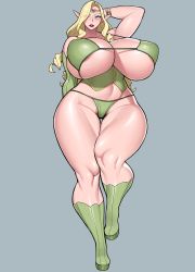 Rule 34 | 1girl, absurdres, aqua eyes, areola slip, arm up, bikini, blonde hair, breasts, cleavage, curvy, elf, female pubic hair, full body, gigantic breasts, green bikini, hidarikiki, highres, large areolae, long hair, original, parted lips, pointy ears, pubic hair, solo, standing, swimsuit, thick thighs, thighs, wide hips