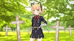 Rule 34 | 1girl, absurdres, blonde hair, blue archive, commission, cross, forest, gloves, grass, green eyes, highres, kiniro tofu, midori (blue archive), nature, owari no seraph, ribbon, shoes, tree, uniform