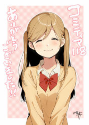 Rule 34 | 1girl, blazer, blush, border, bow, bowtie, closed eyes, collared shirt, jacket, kawai makoto, light brown hair, long hair, neckerchief, pink background, plaid, plaid background, red bow, red bowtie, red neckerchief, shirt, short hair, smile, solo, translation request, twintails, two-tone background, upper body, v arms, white background, white border, white shirt, wing collar